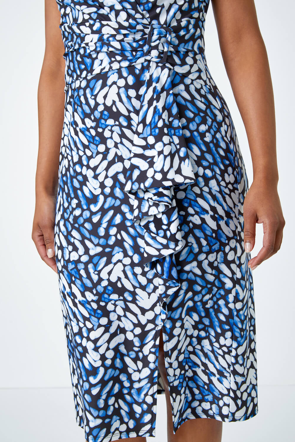 Blue Abstract Print Buckle Detail Midi Stretch Dress, Image 5 of 5