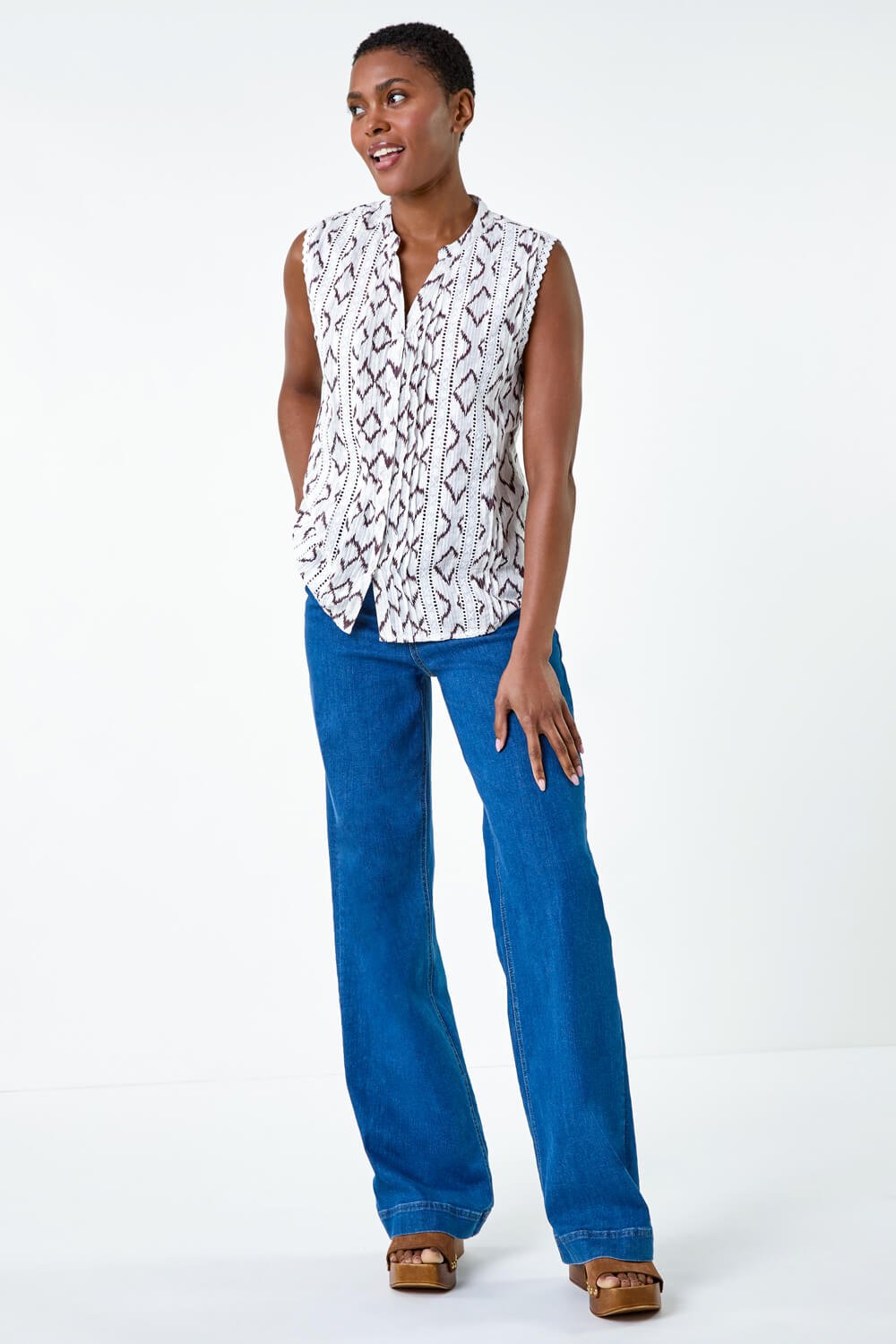 Ivory  Lace Trim Printed  V-Neck Cotton Blouse, Image 2 of 5