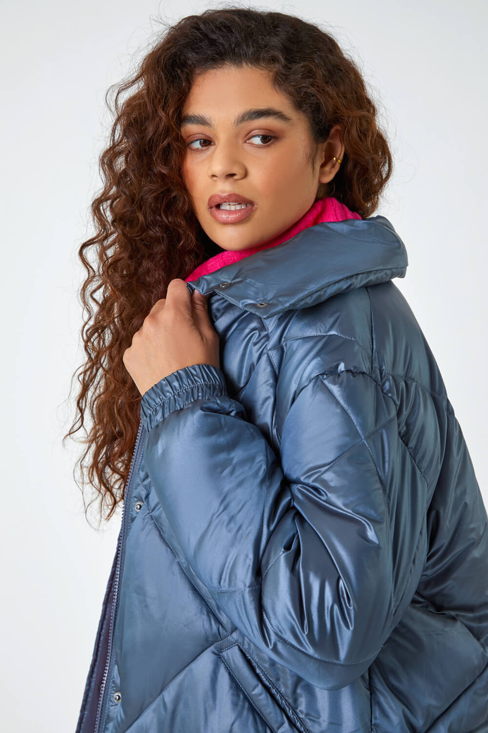 Steel Blue Diamond Quilted Puffer Coat, Image 4 of 5