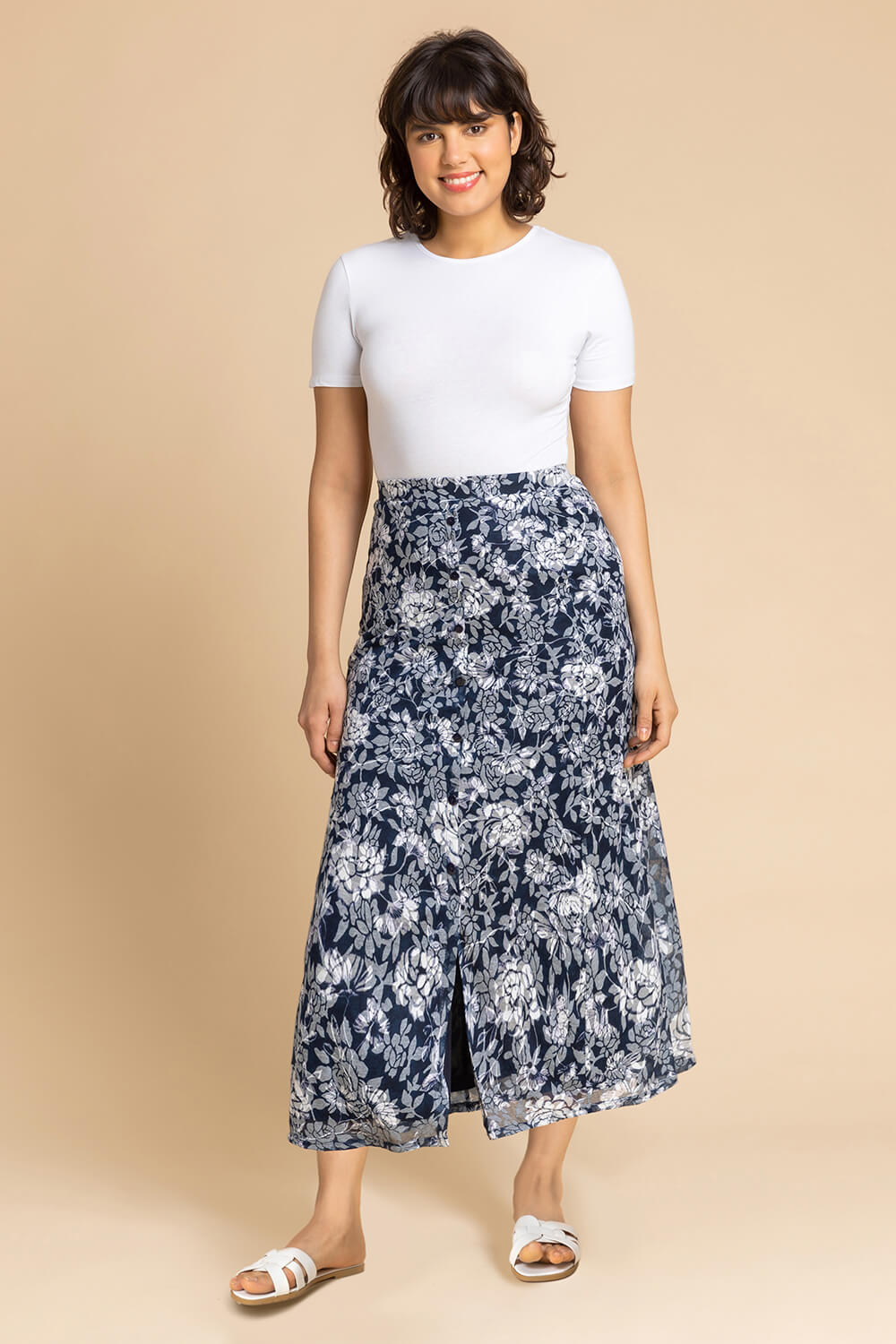 Floral Burnout Buttoned Midi Skirt in Navy - Roman Originals UK