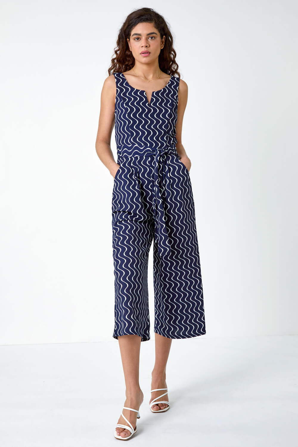 Navy  Belted Wave Print Cropped Jumpsuit, Image 2 of 5