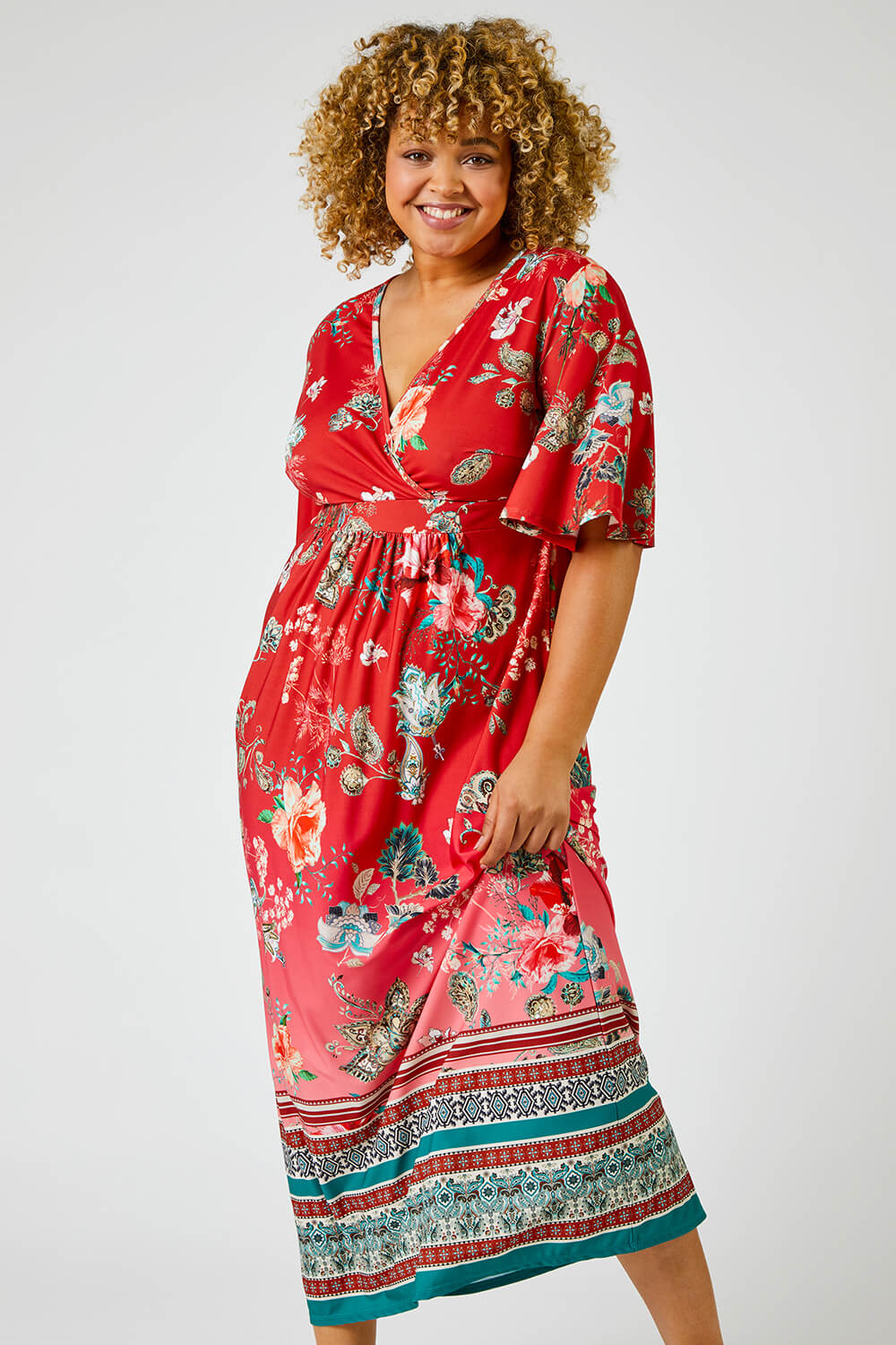 Curve Floral Border Print Maxi Dress in Red - Roman Originals UK