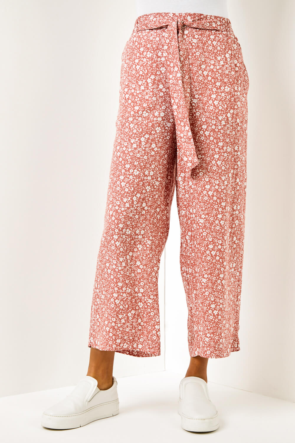 Rust Ditsy Floral Elastic Tie Waist Cropped Culottes, Image 4 of 5