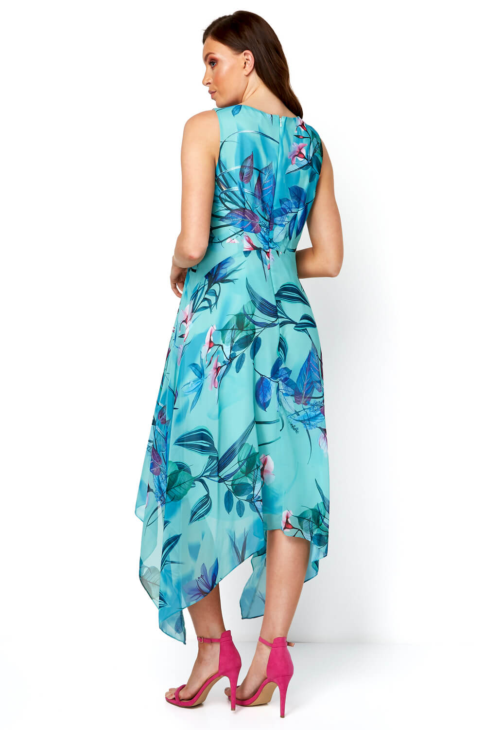 Floral Chiffon Hanky Hem Midi Dress in Turquoise - Roman Originals UK