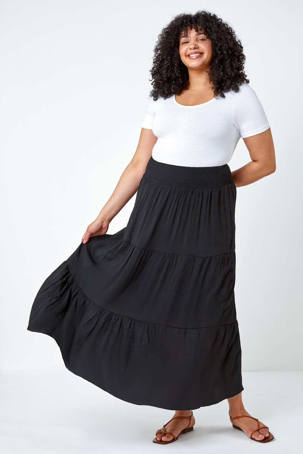 Black Curve Stretch Waist Tiered Maxi Skirt, Image 2 of 5