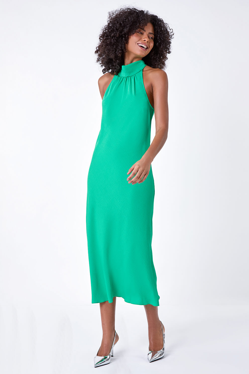 Green Plain Woven Halterneck Midi Dress, Image 2 of 6