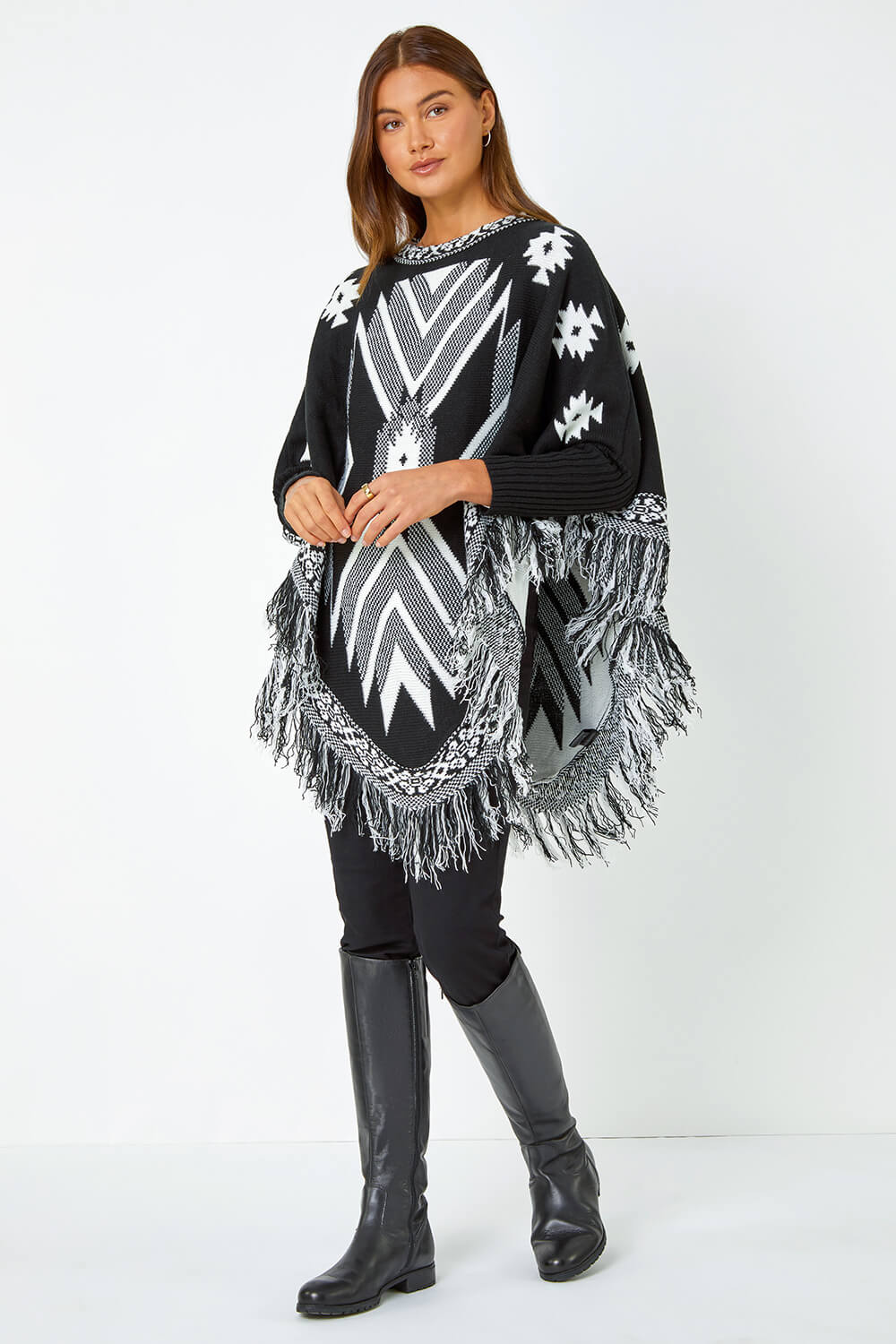 Black One Size Aztec Fringed Knitted Poncho , Image 2 of 5