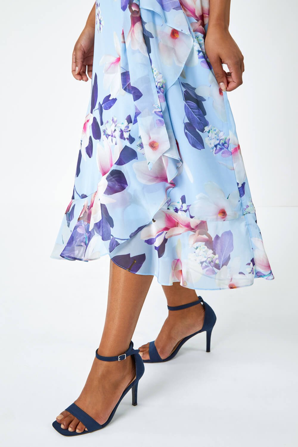 Blue Petite Floral Frill Hem Chiffon Dress, Image 5 of 5
