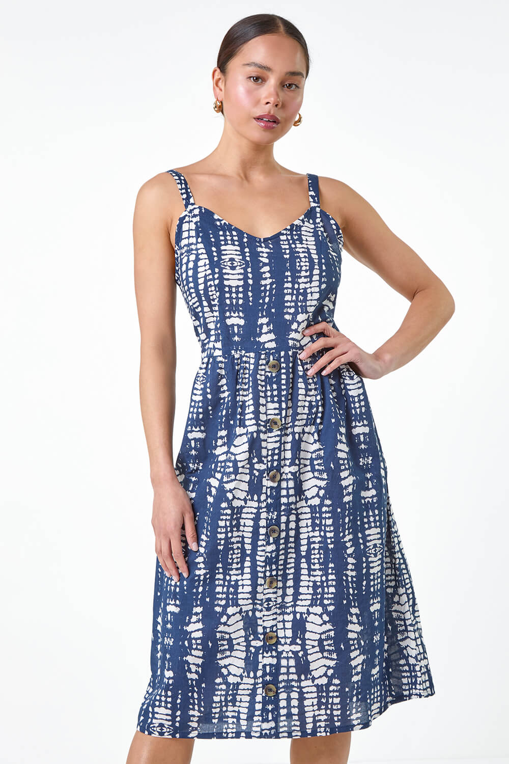 Navy  Petite Tie Dye Button Front Dress, Image 4 of 5