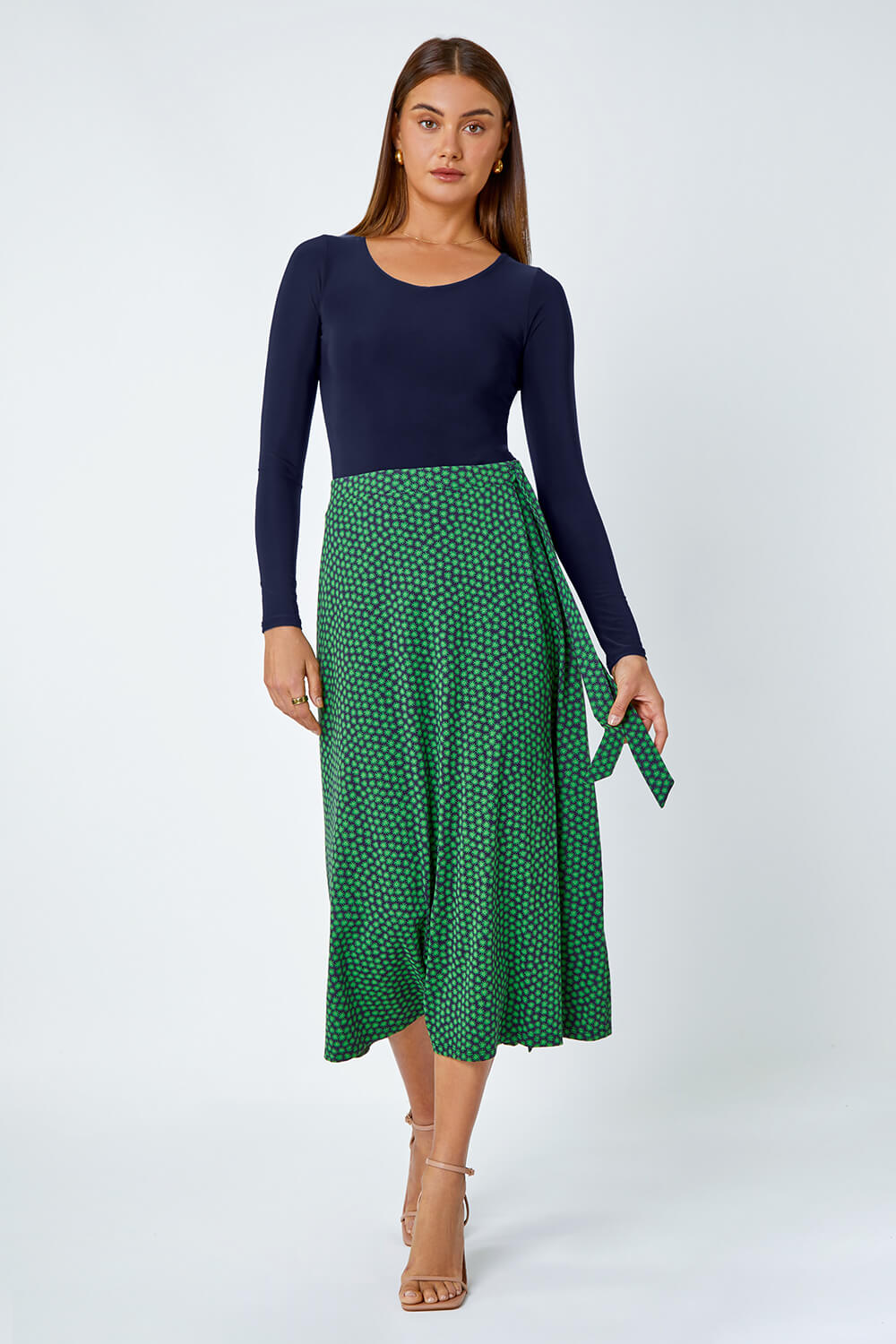 Green Cotton Blend Spot Print Midi Wrap Skirt, Image 2 of 5