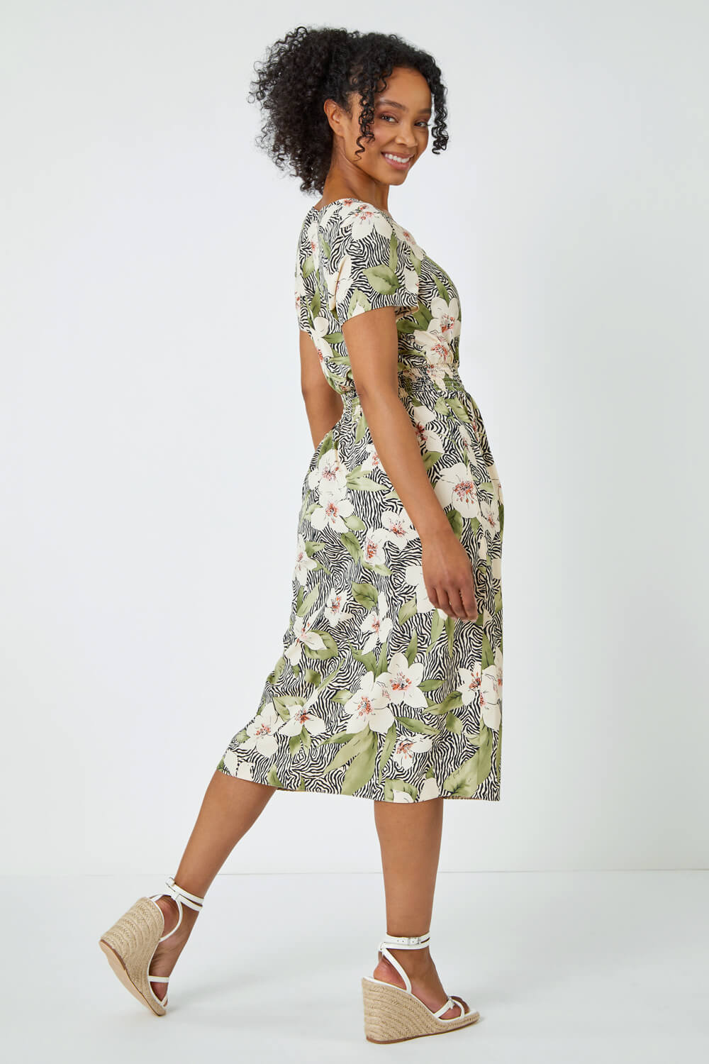 Khaki Petite Floral Print Midi Dress | Roman UK