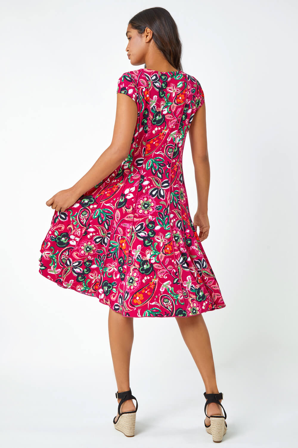 Fuchsia Paisley Print Panelled Stretch Dress, Image 3 of 5