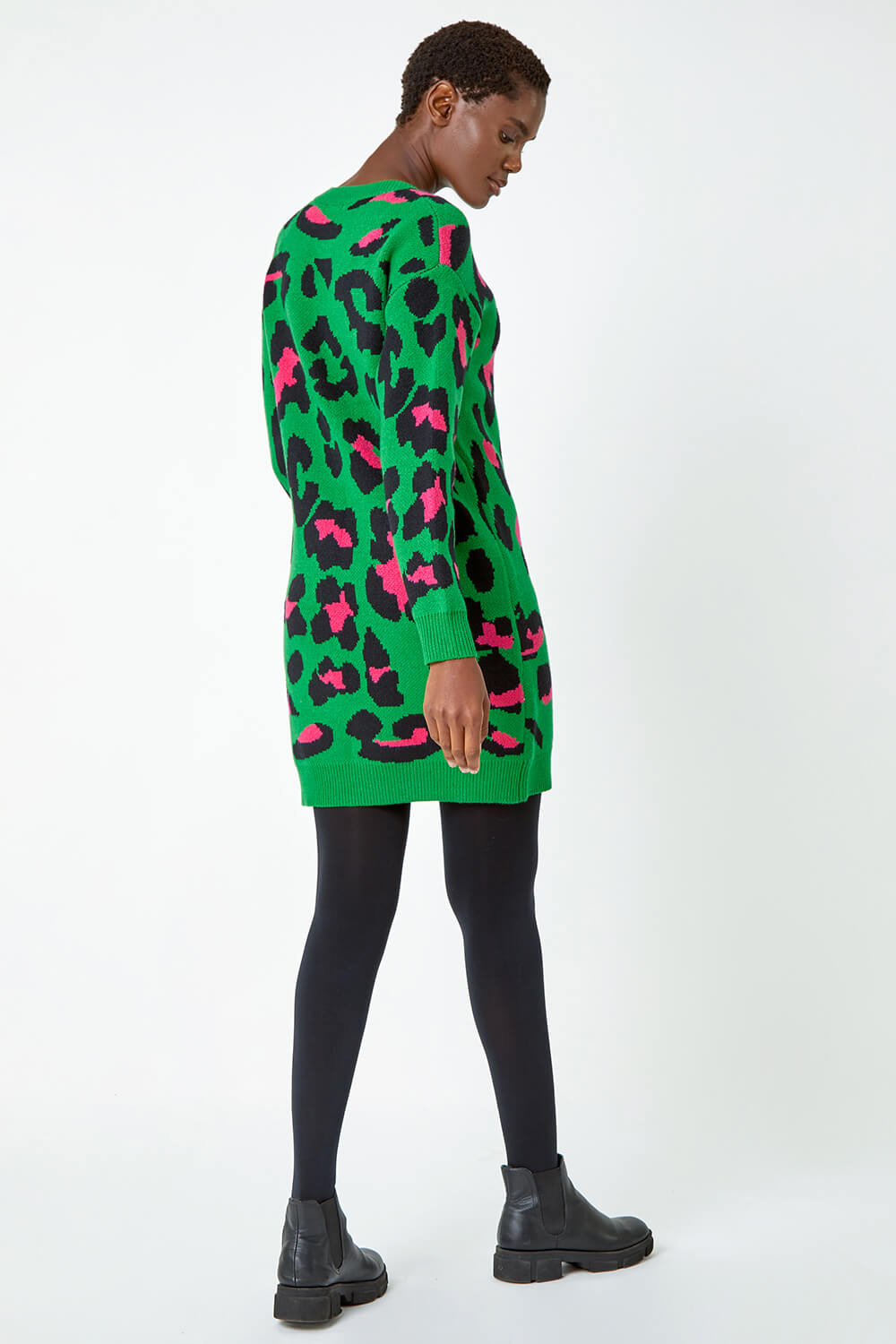 Green Leopard Print Knitted Jumper Dress, Image 3 of 5