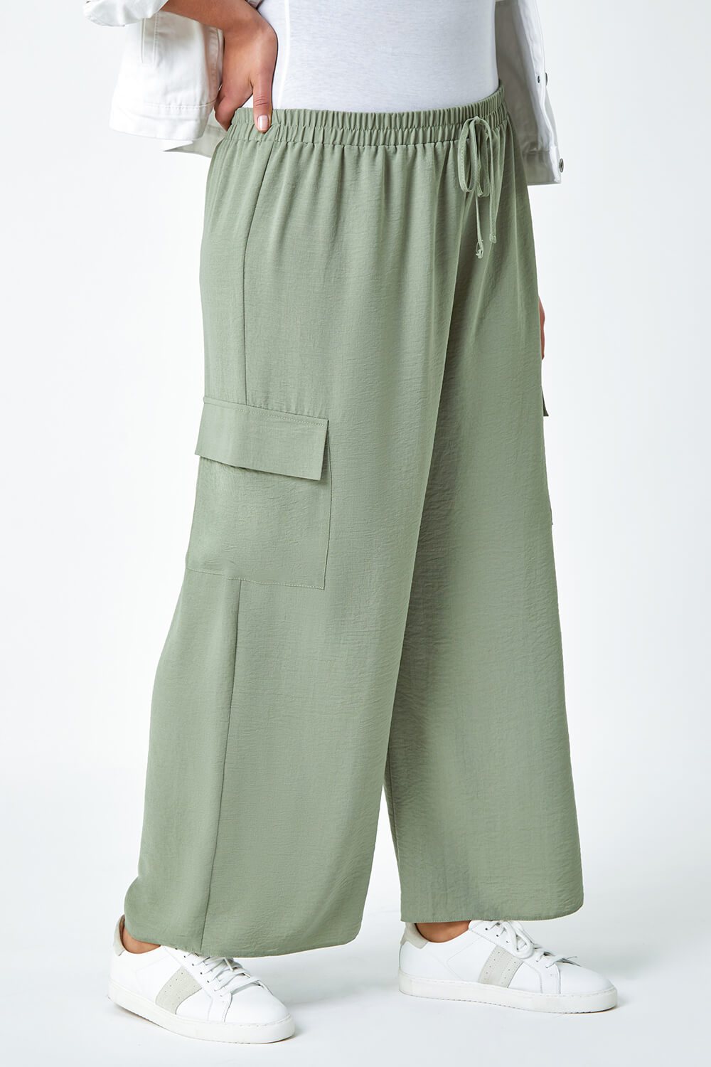 Khaki Curve Linen Look Wide Leg Trousers | Roman UK