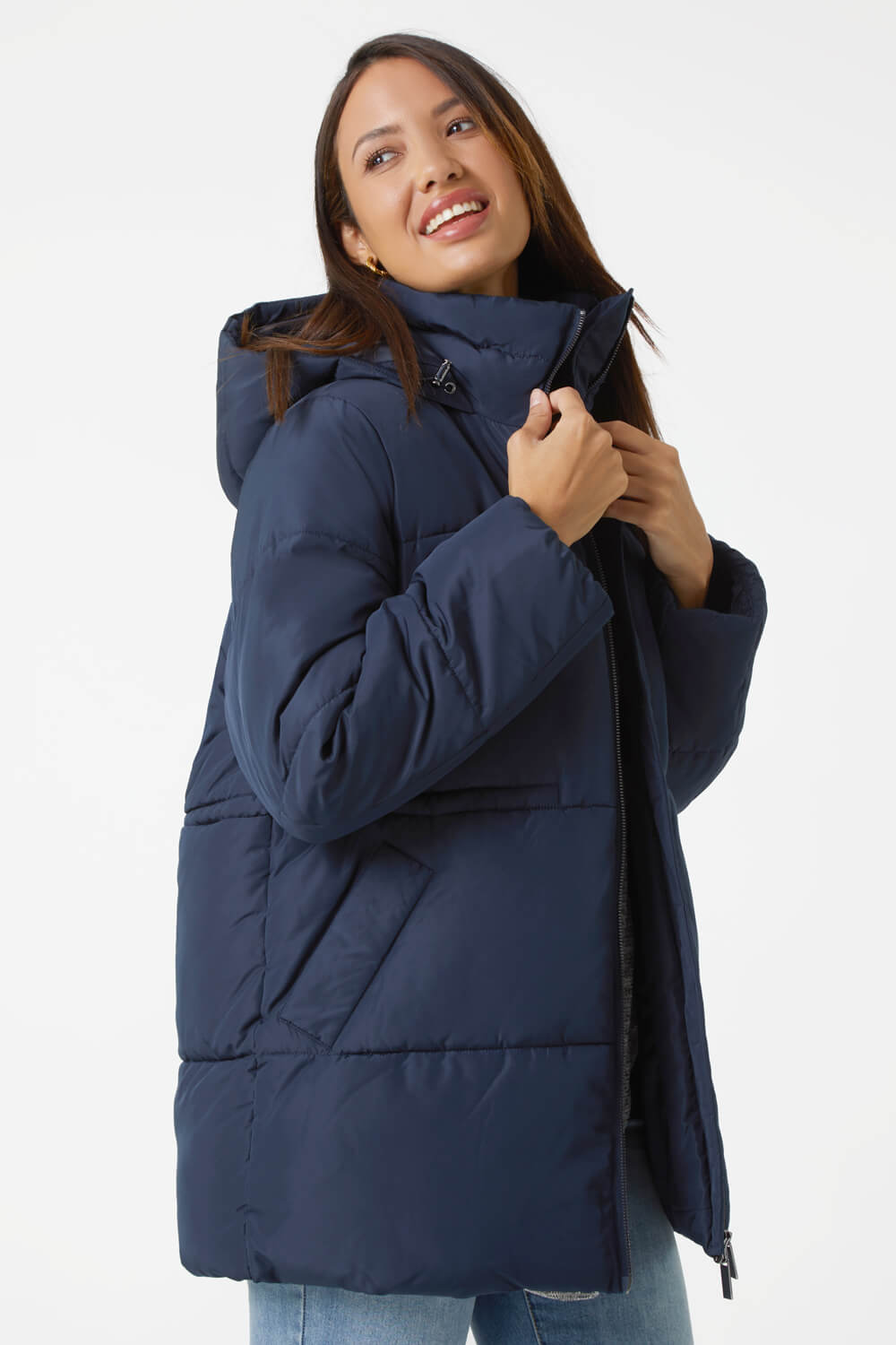 Navy  Padded Hooded Mid Length Coat, Image 1 of 6