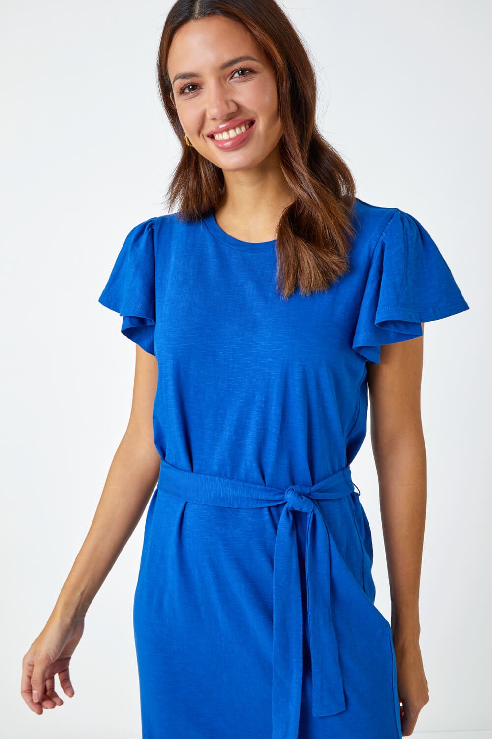 Royal Blue Ruffle Sleeve Belted Cotton Midi Dress , Image 2 of 5