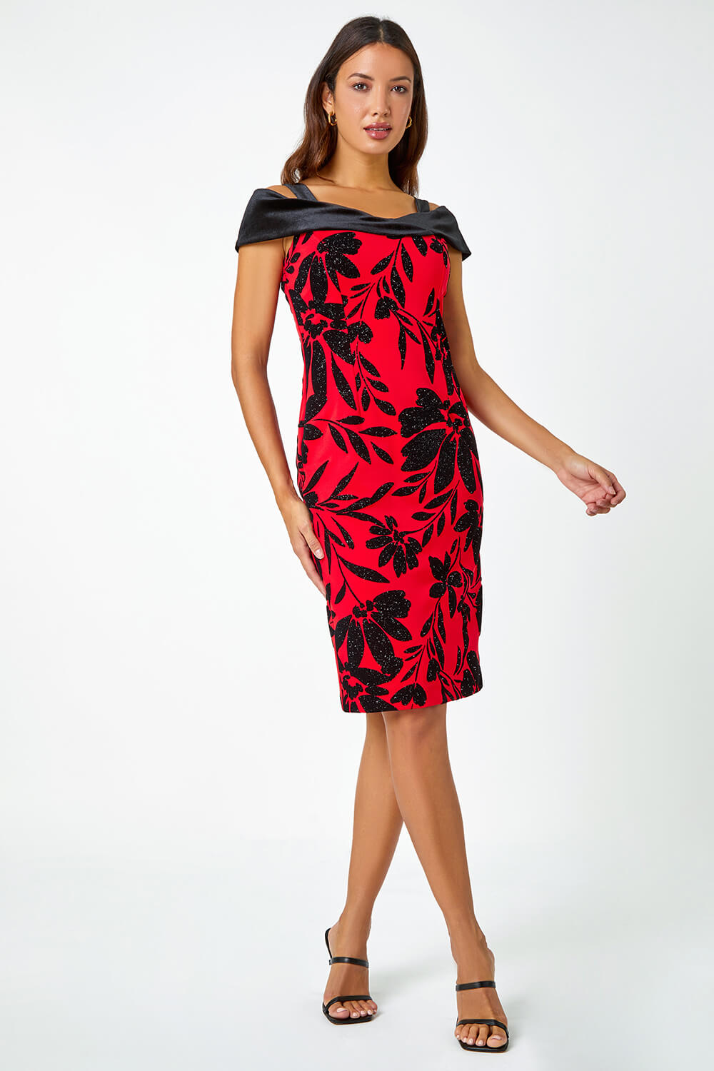 Red Flocked Floral Premium Stretch Dress, Image 2 of 5