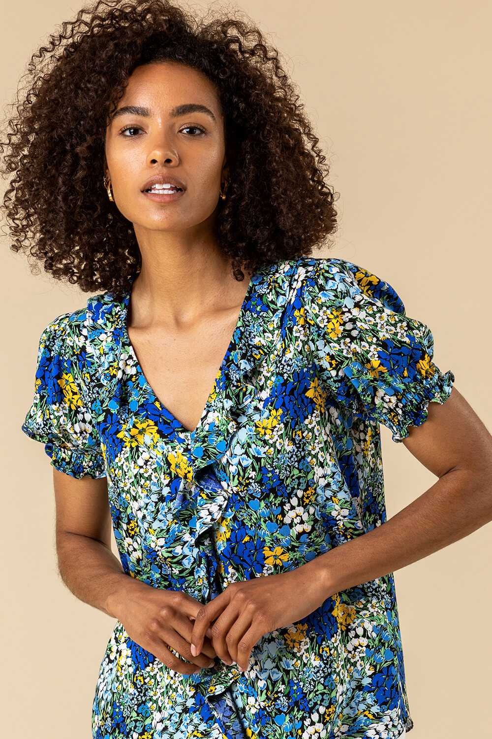 Blue Floral Print Frill Detail Blouse, Image 5 of 5