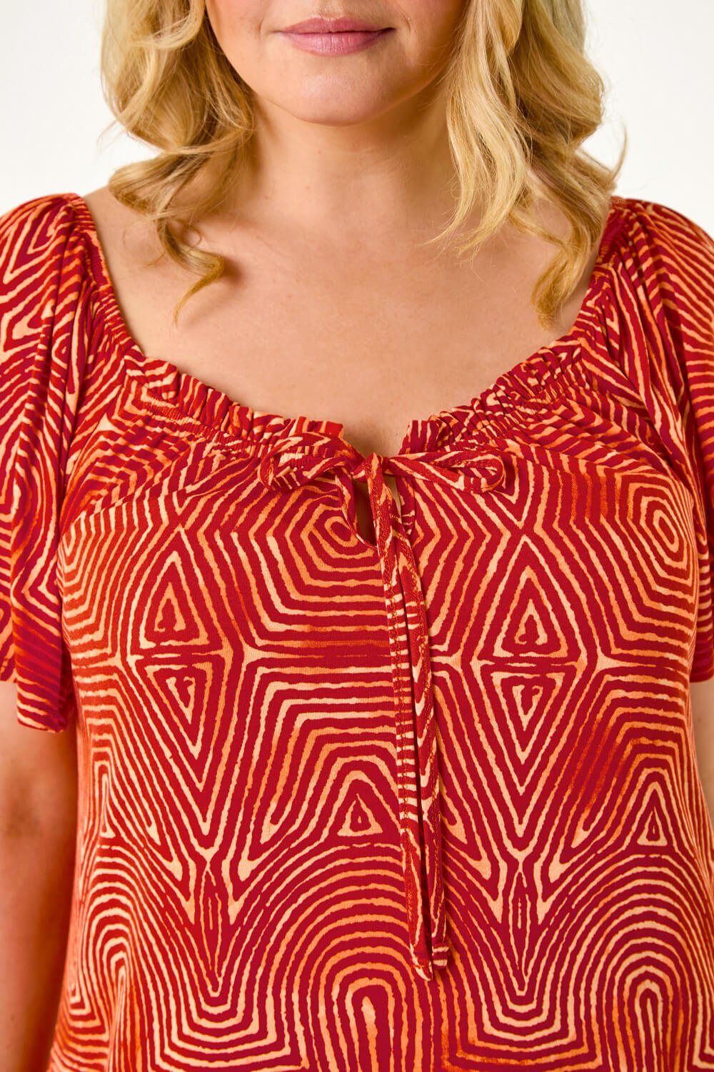 ORANGE Curve Tie Front Abstract Stretch Top, Image 5 of 5