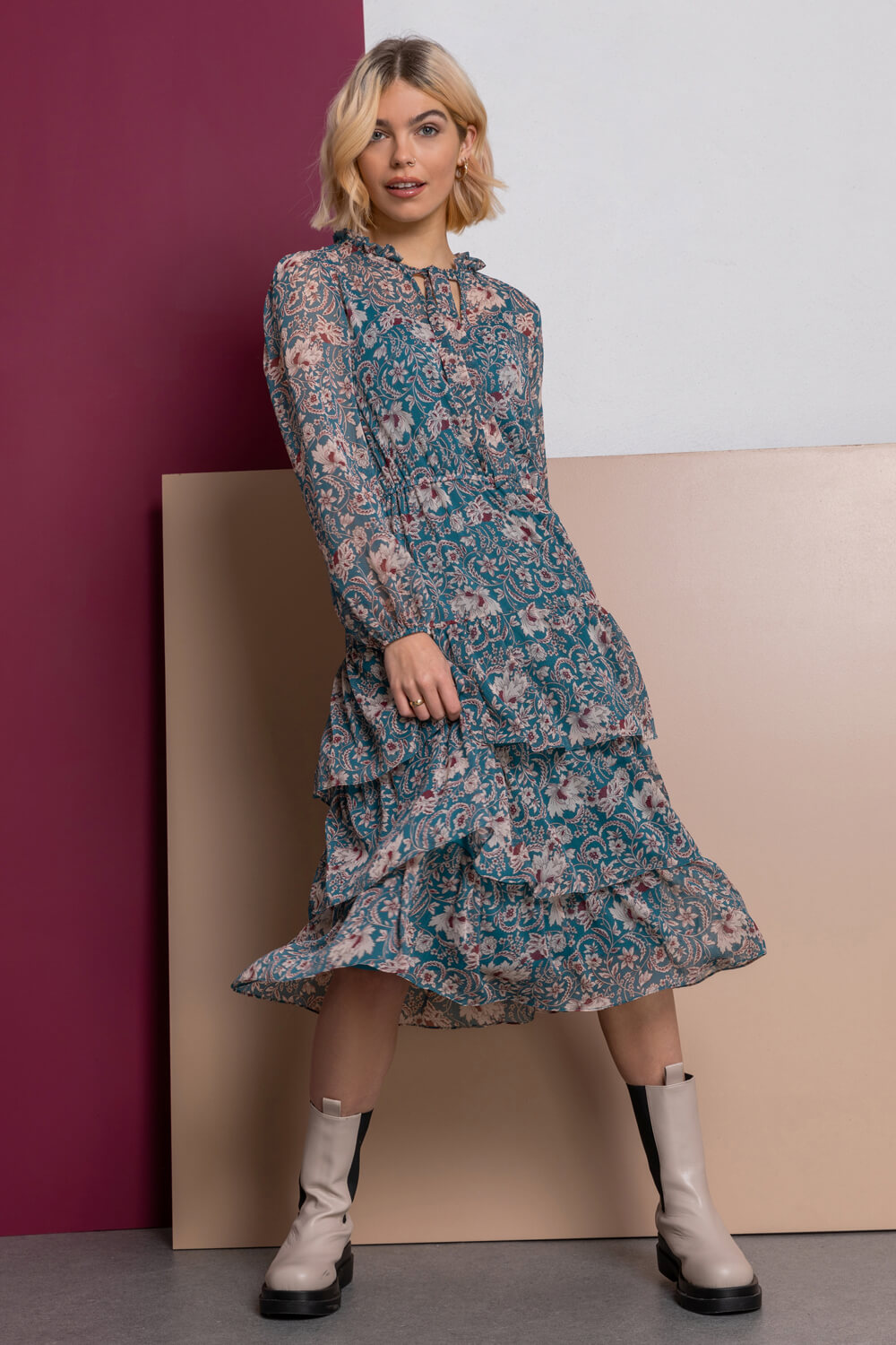 Teal Floral Frill Neck Tiered Midi Dress | Roman UK