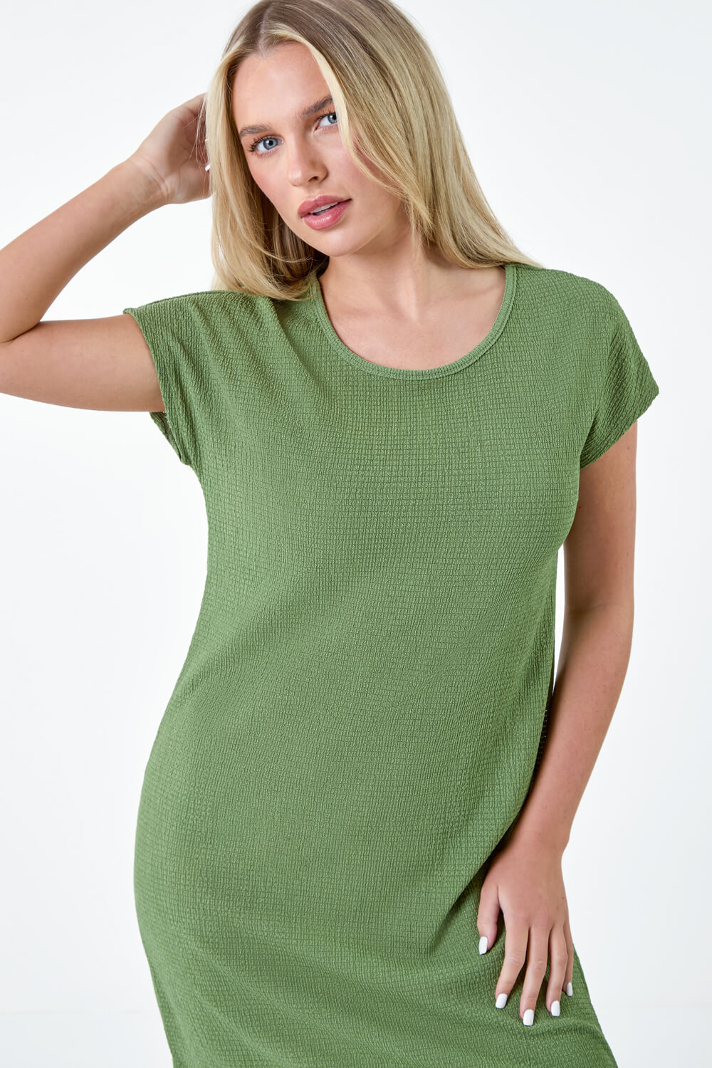 KHAKI Petite Textured T-Shirt Stretch Midi Dress, Image 4 of 5