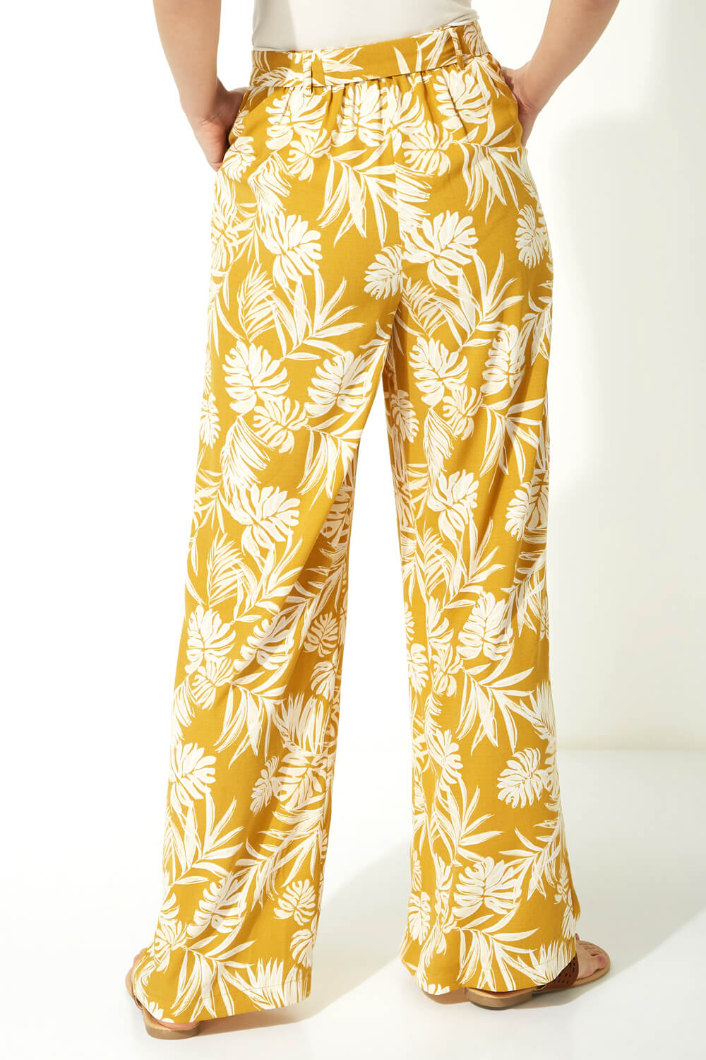 Palm Print Wide Leg Trousers in Yellow - Roman Originals UK