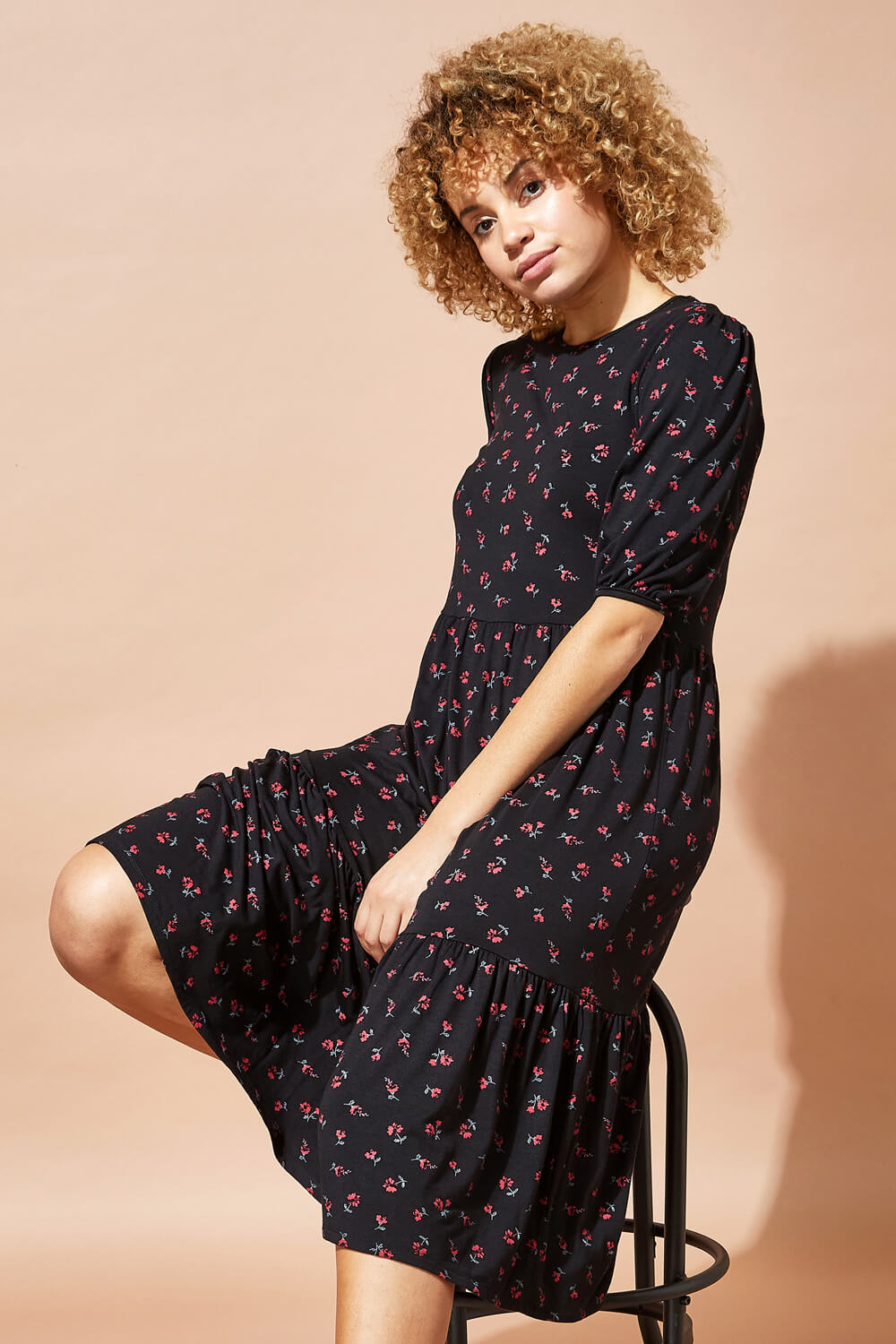 Black Ditsy Floral Tiered Midi Dress, Image 3 of 4