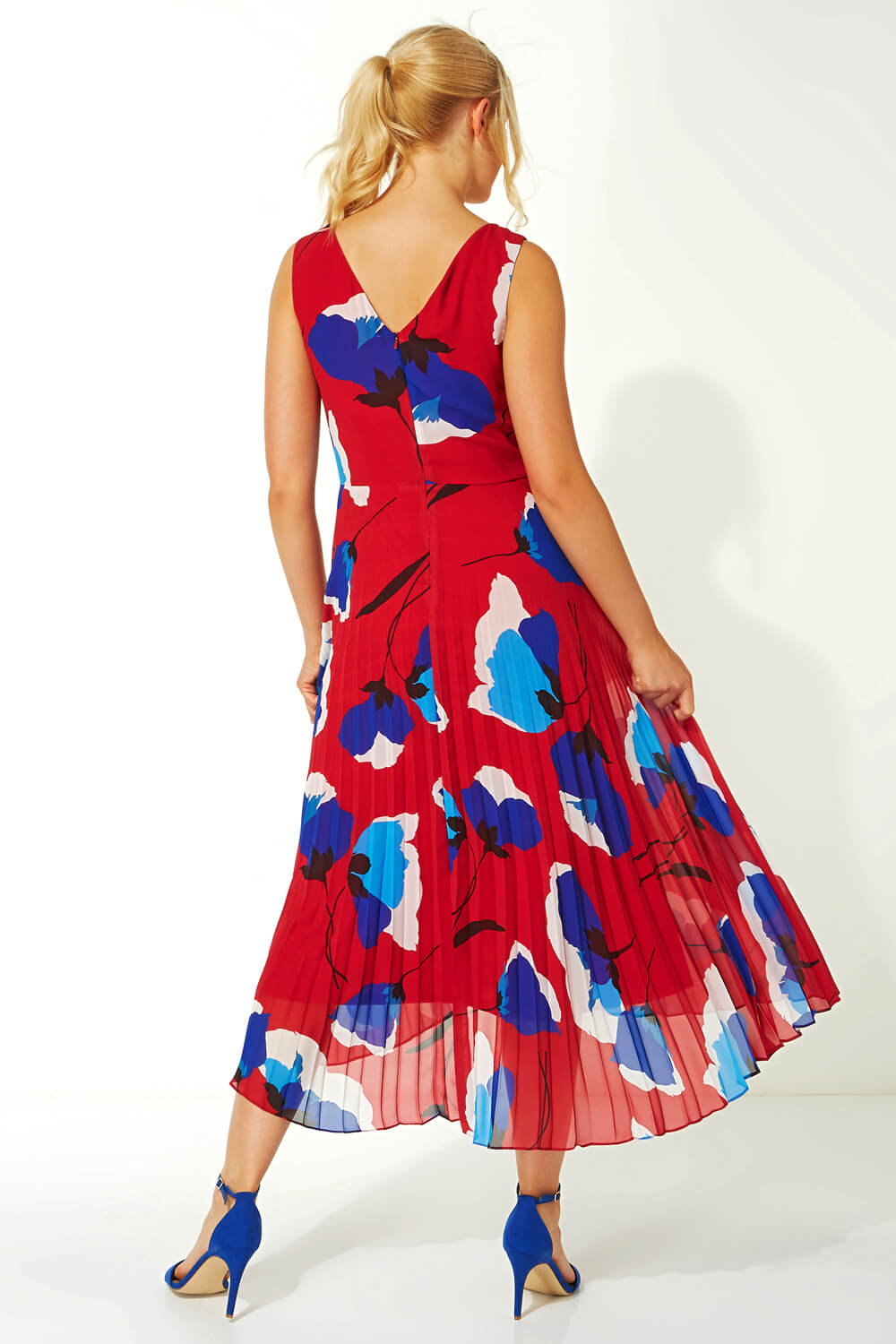Red Floral Pleated Fit and Flare Midi Dress, Image 2 of 5