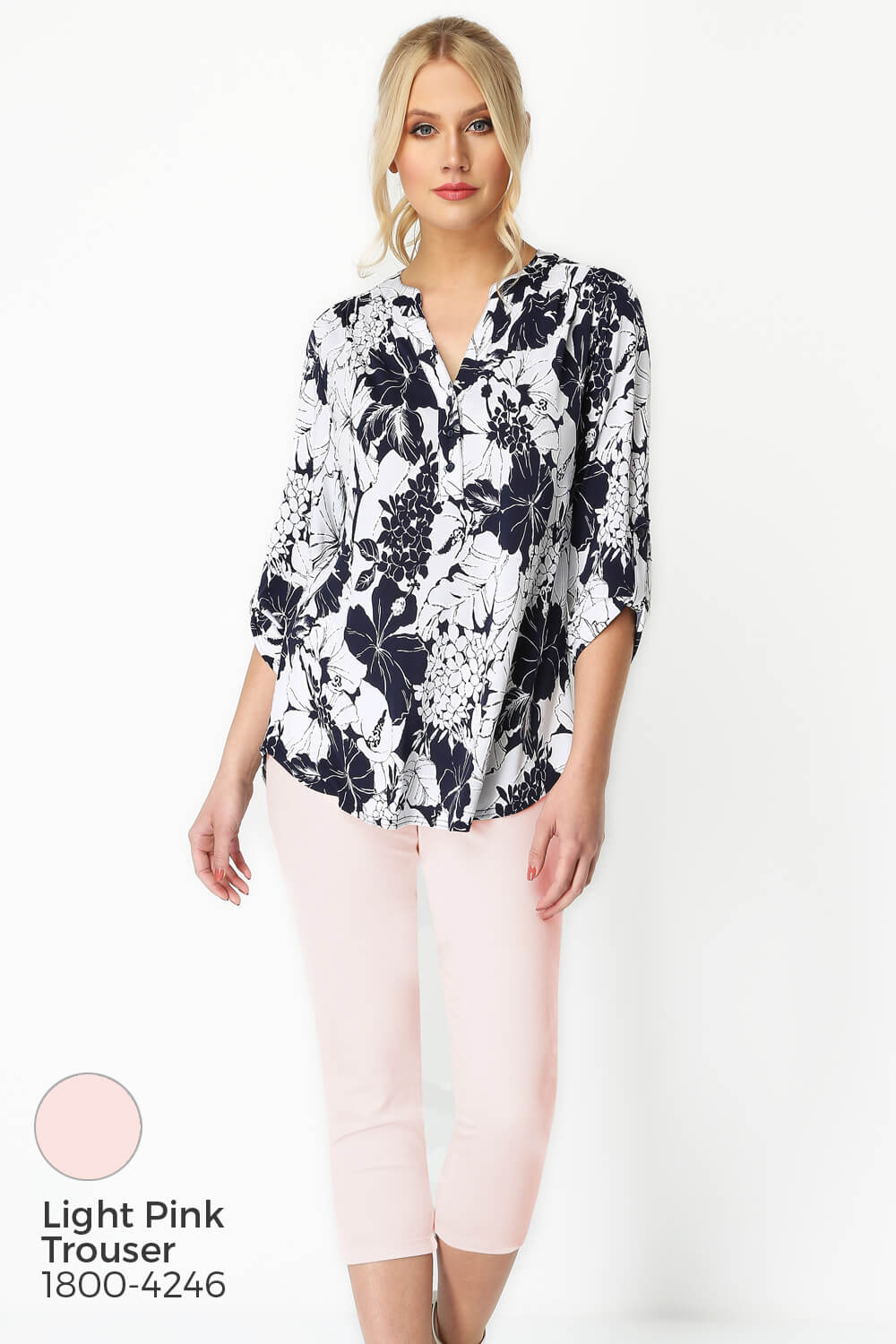 Navy  Floral Print 3/4 Sleeve Button Through Top, Image 7 of 8