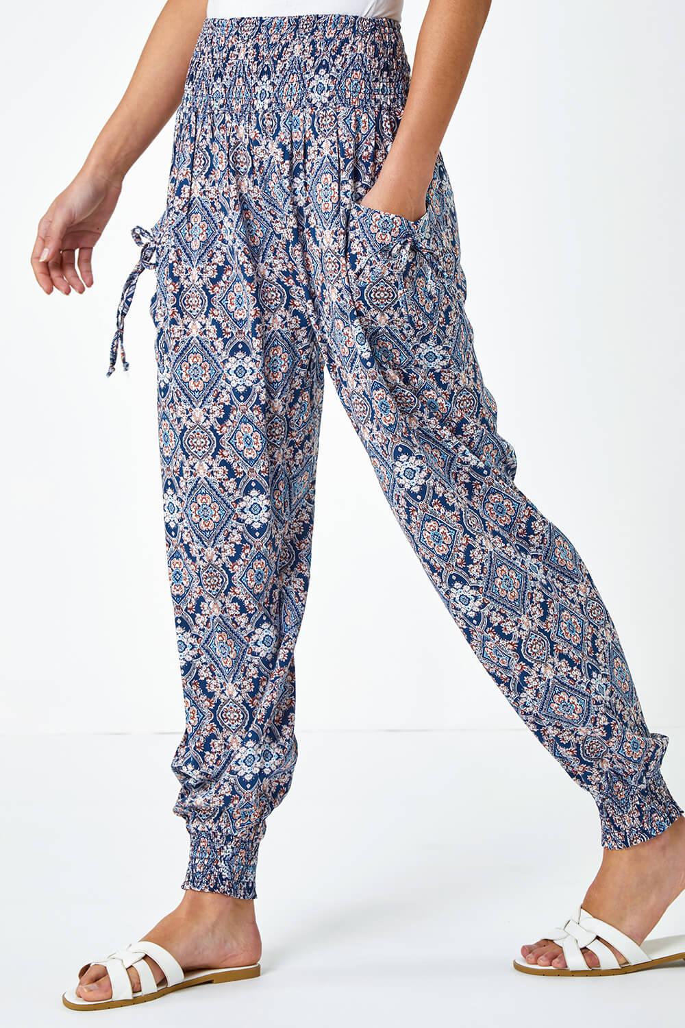 Navy  Paisley Print Shirred Hareem Trousers, Image 4 of 5