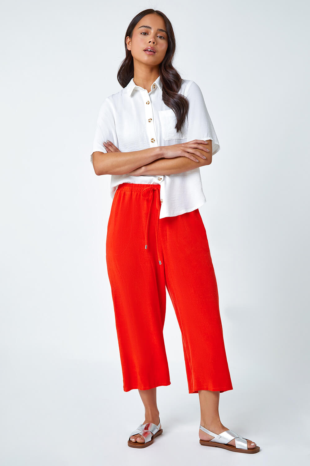 ORANGE Petite Linen Mix Wide Cropped Trousers, Image 2 of 5