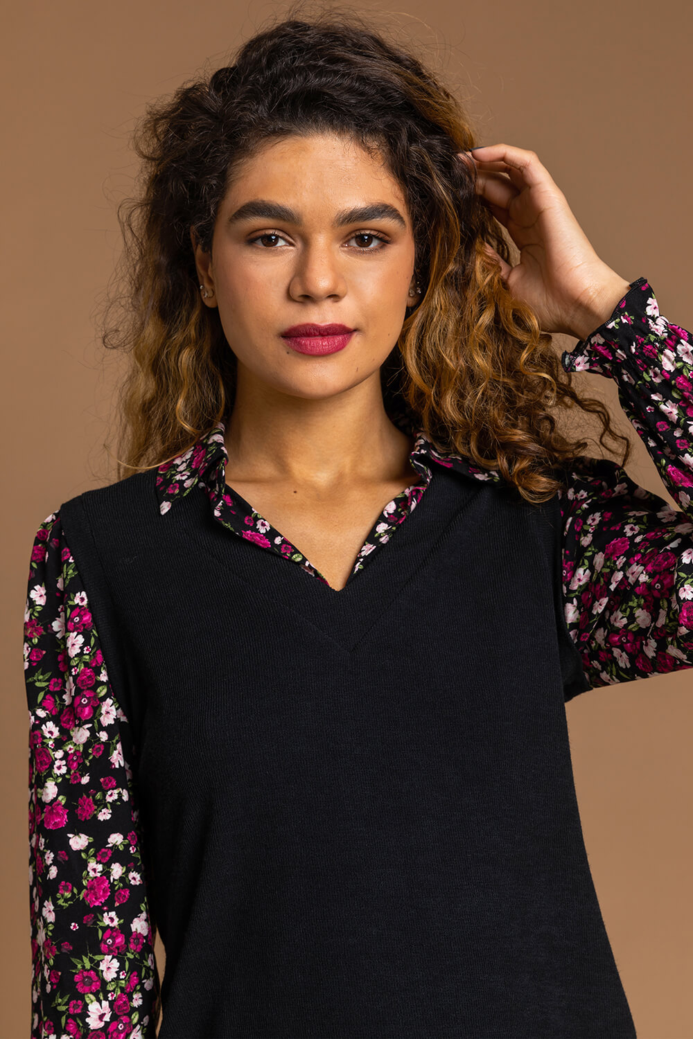 Black Floral Print Sweater Vest Long Sleeve Top, Image 5 of 5