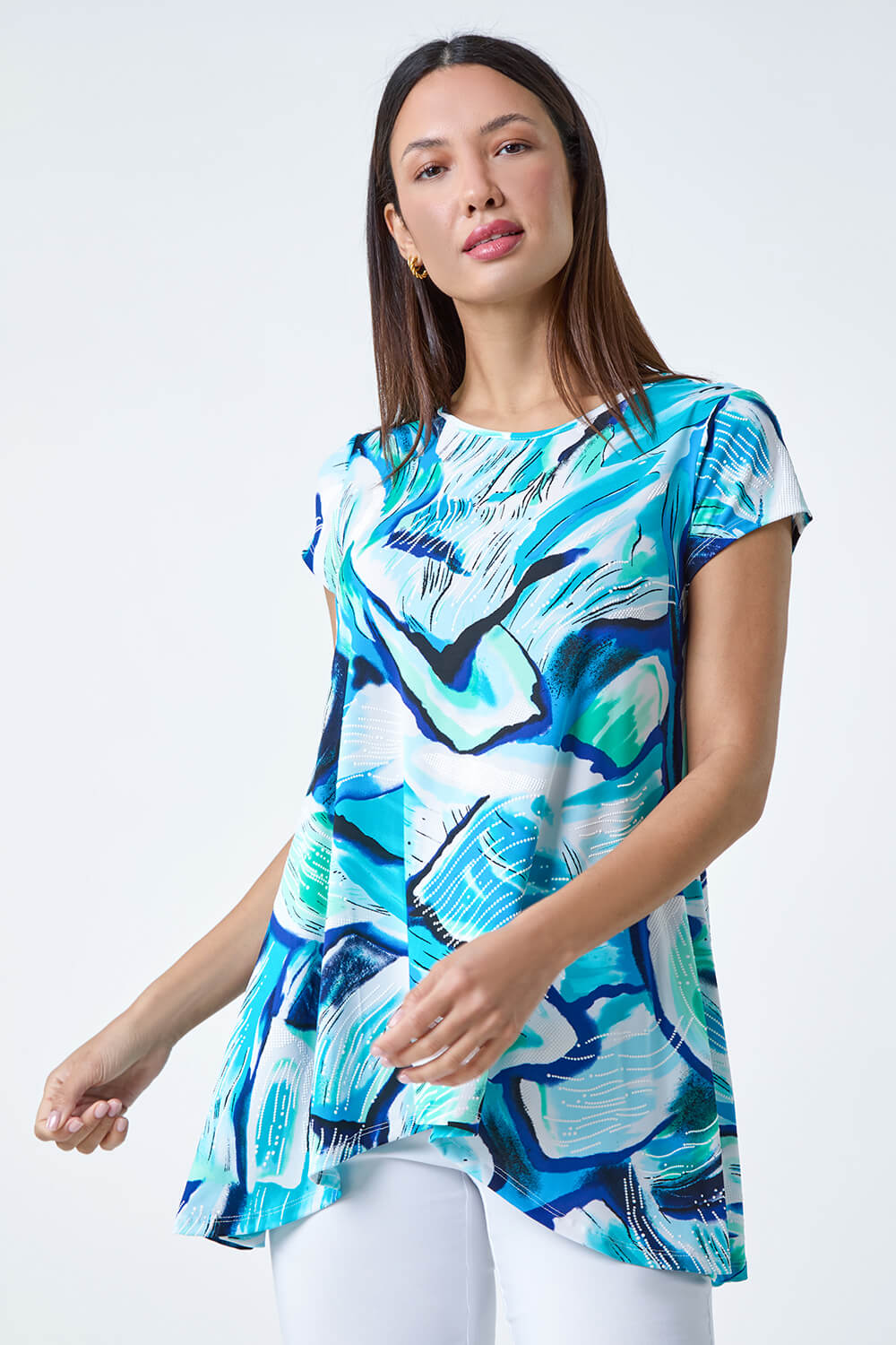 Turquoise Textured Abstract Stretch Hanky Hem Top, Image 2 of 5