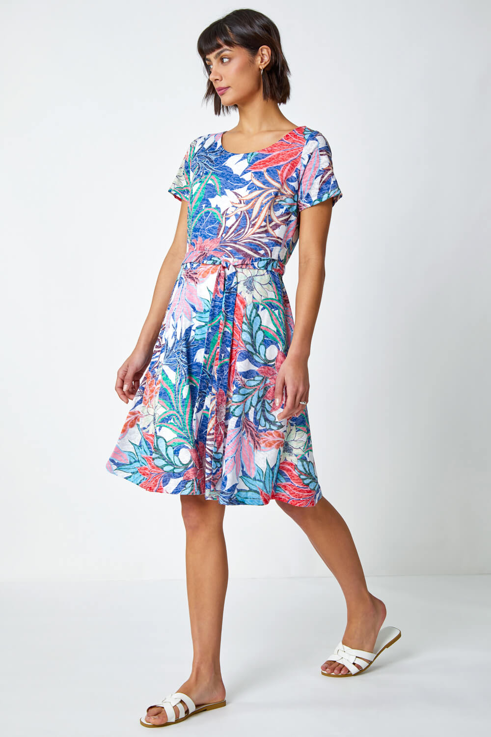 Tropical Burnout Print Belted Dress
