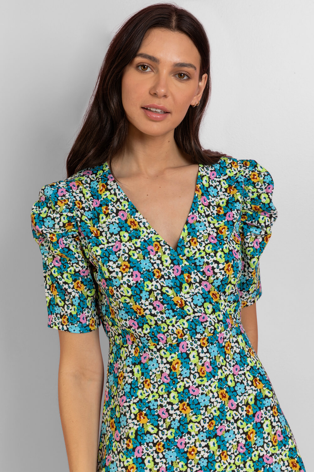 Blue Floral Print Puff Sleeve Wrap Dress, Image 4 of 5