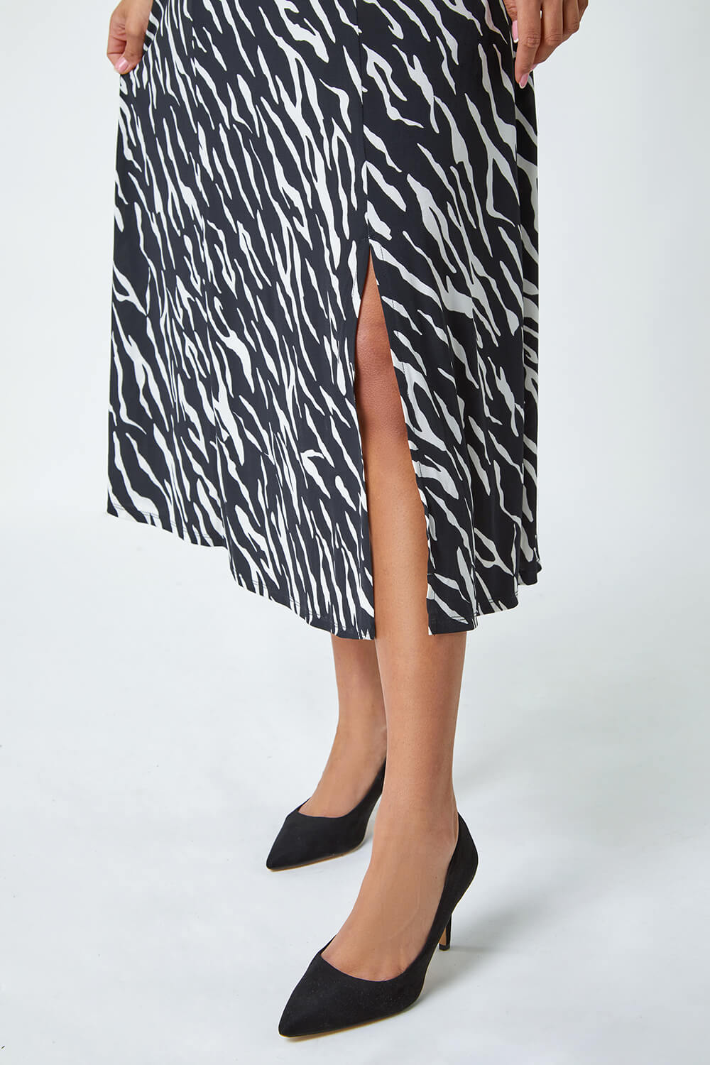 Black Zebra Print Stretch Ruched Midi Dress, Image 5 of 5