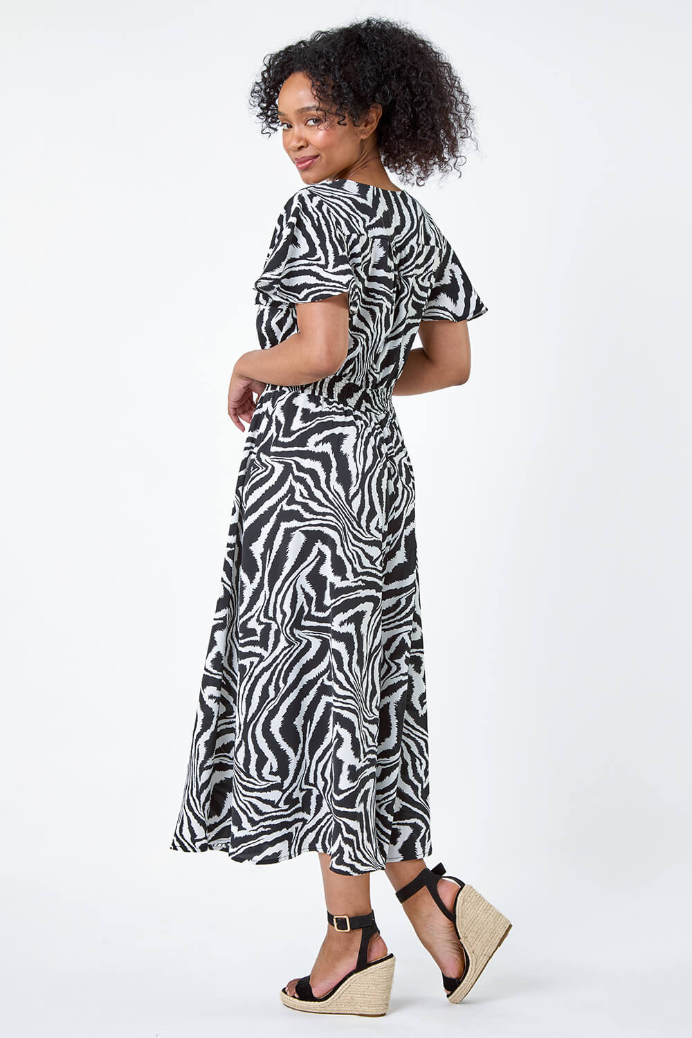 Black Petite Animal Print Shirred Midi Dress, Image 3 of 5