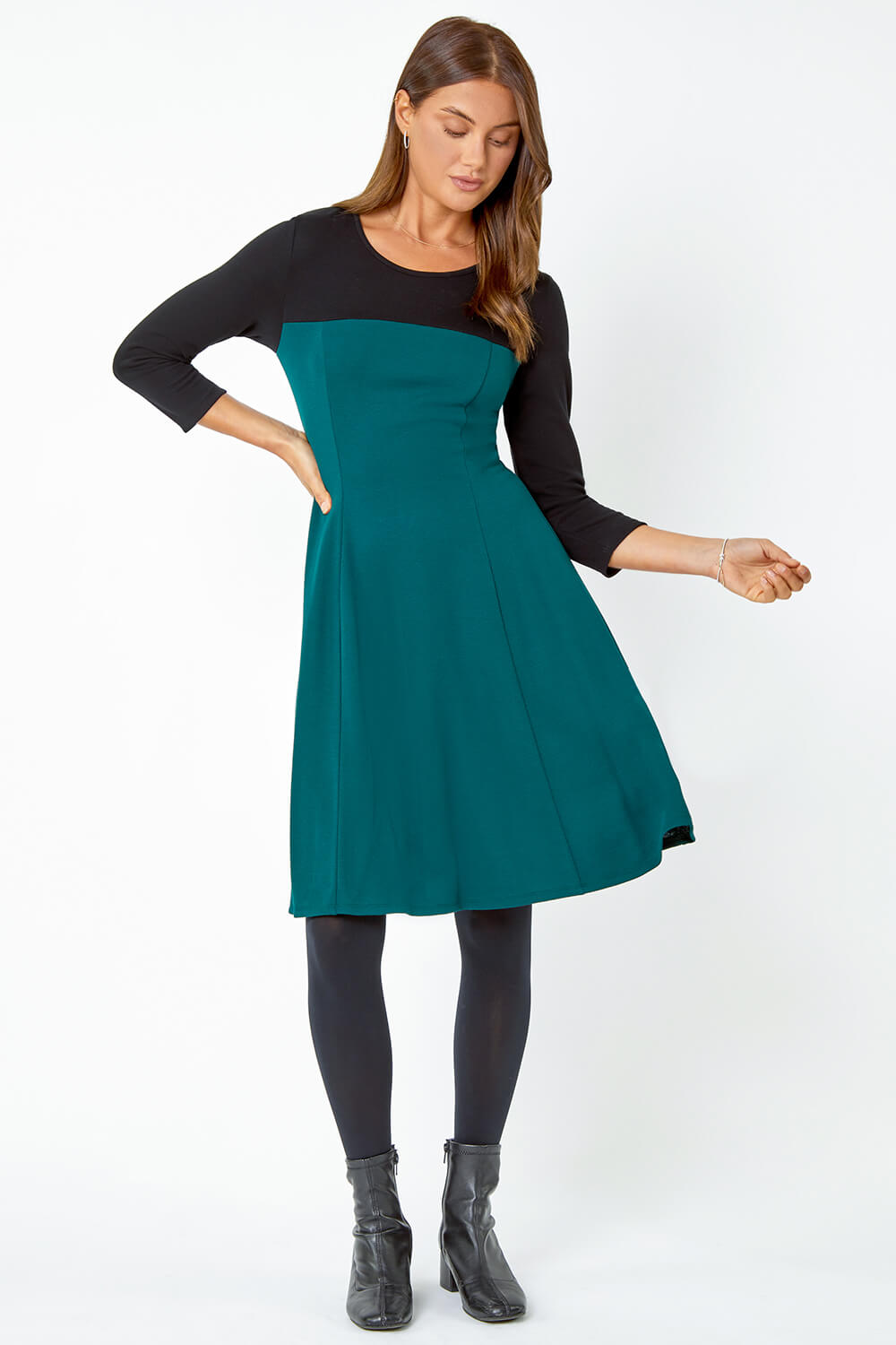 Forest  Colour Block Skater Stretch Dress, Image 2 of 5