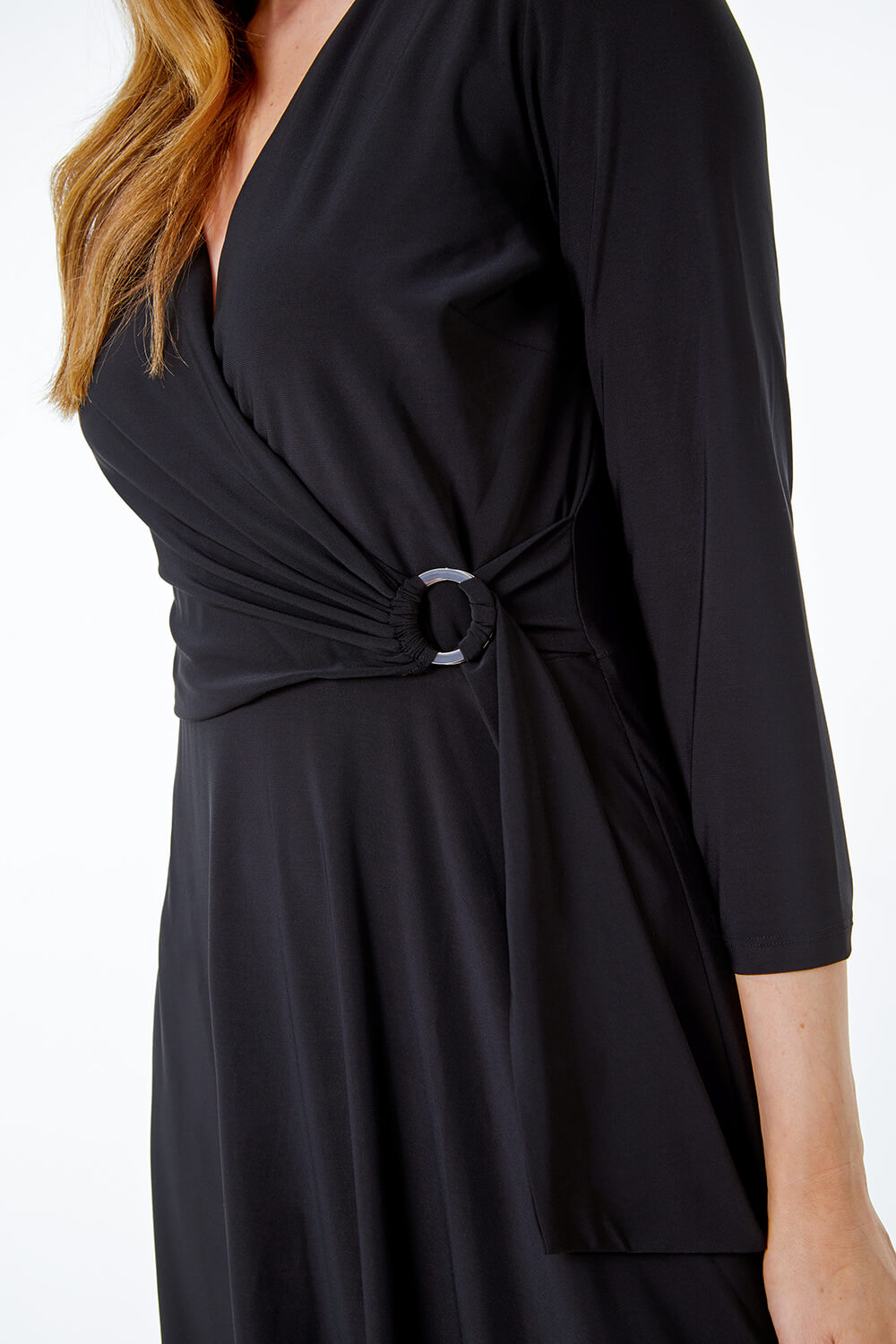 Black Ring Buckle Wrap Stretch Dress, Image 5 of 5