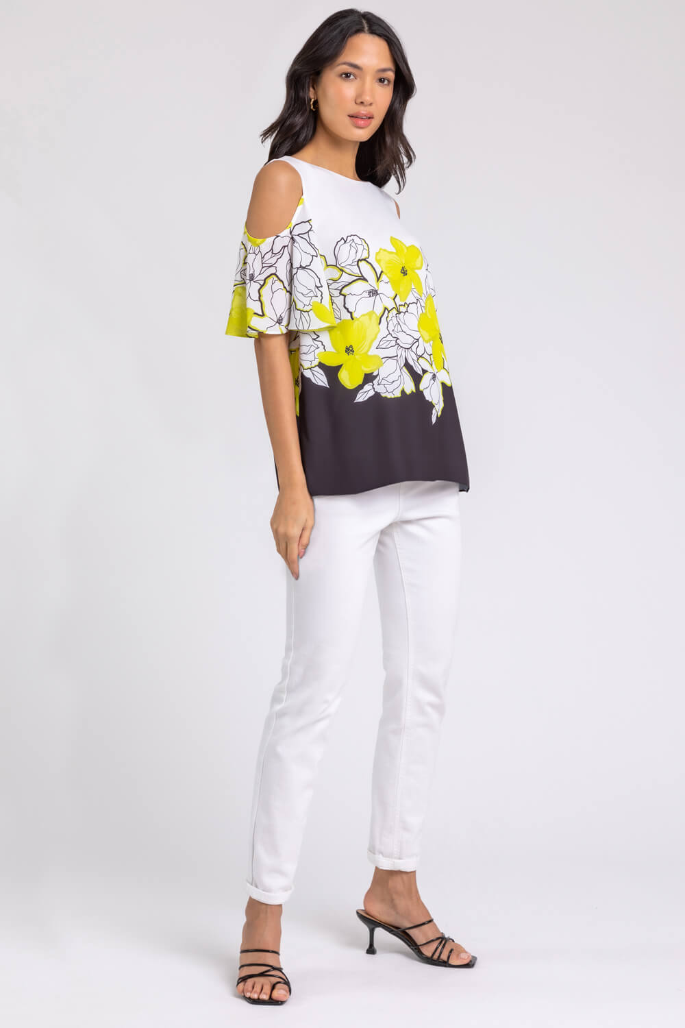 Lime Floral Placement Print Cold Shoulder Top, Image 3 of 5