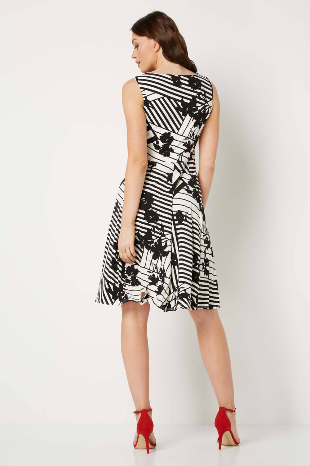 Black Monochrome Print Fit and Flare Dress, Image 2 of 3