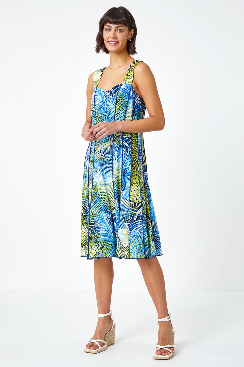 Lime Tropical Palm Print Stretch Panel Dress | Roman UK