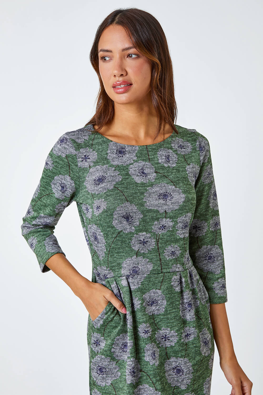 Green Floral Print Pocket Stretch Dress, Image 4 of 5