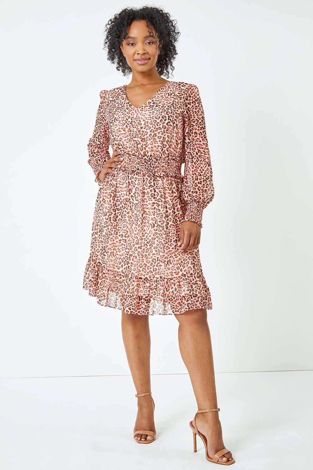 Stone Petite Tiered Leopard Print Frill Dress, Image 2 of 5