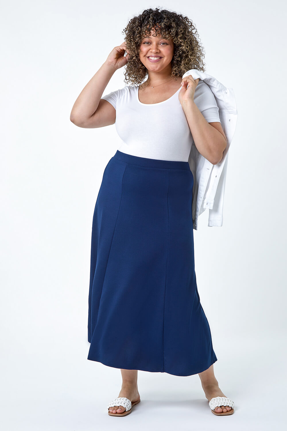 Navy  Curve Flared Midi Stretch Skirt, Image 2 of 5