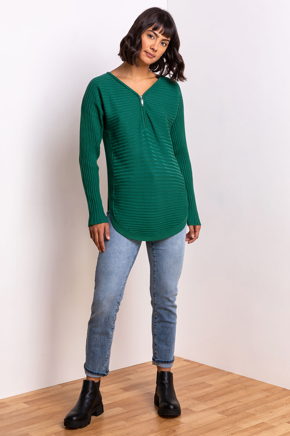 Green Zip Front V Neck Jersey Long Sleeve Top, Image 3 of 5