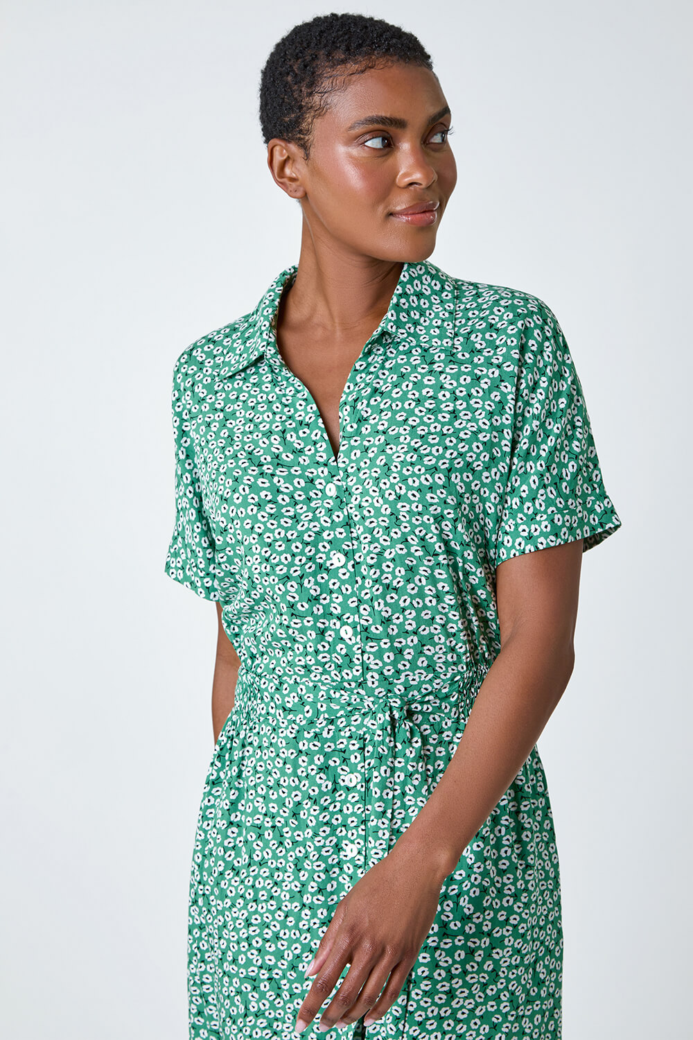 Green Ditsy Floral Print Shirt Dress, Image 4 of 5