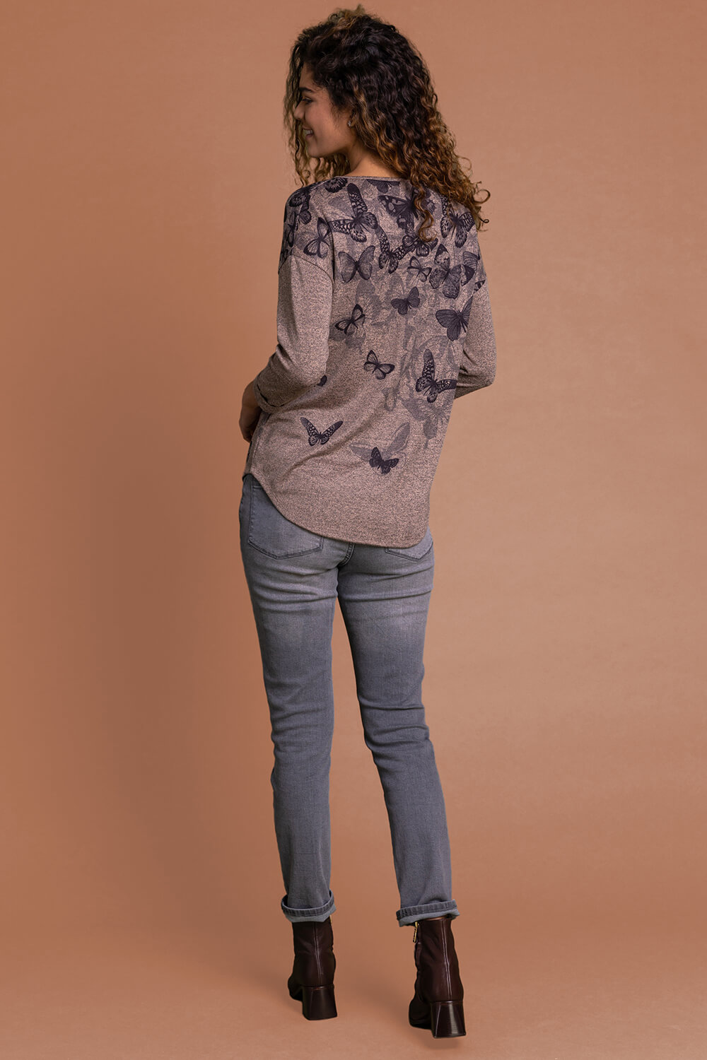 Taupe Butterfly Print 3/4 Sleeve Jersey Top, Image 2 of 4