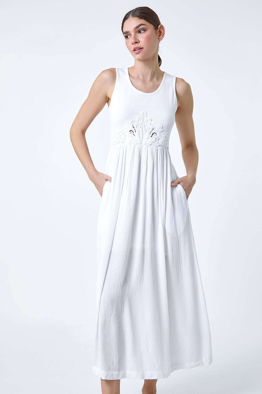 White Cotton Blend Lace Detail Midi Dress, Image 2 of 5