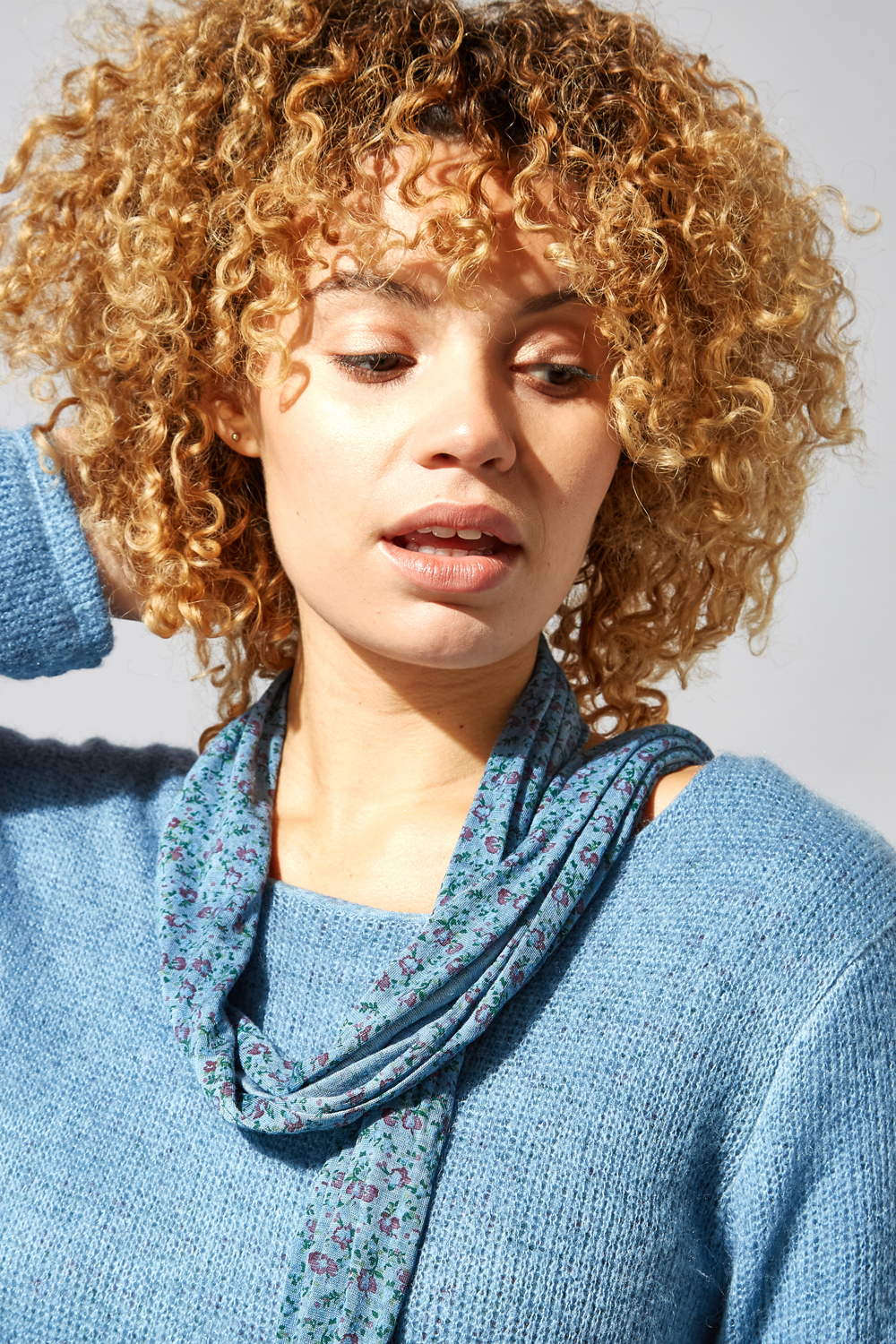 Denim Overlay Knit Top and Floral Scarf, Image 4 of 4